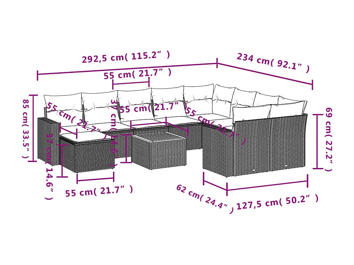 Salon de jardin 11 pcs avec coussins gris résine tressée