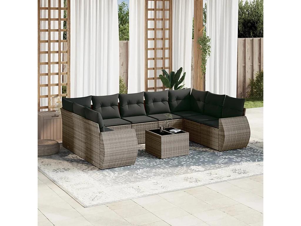 Salon de jardin avec coussins 10 pcs gris résine tressée