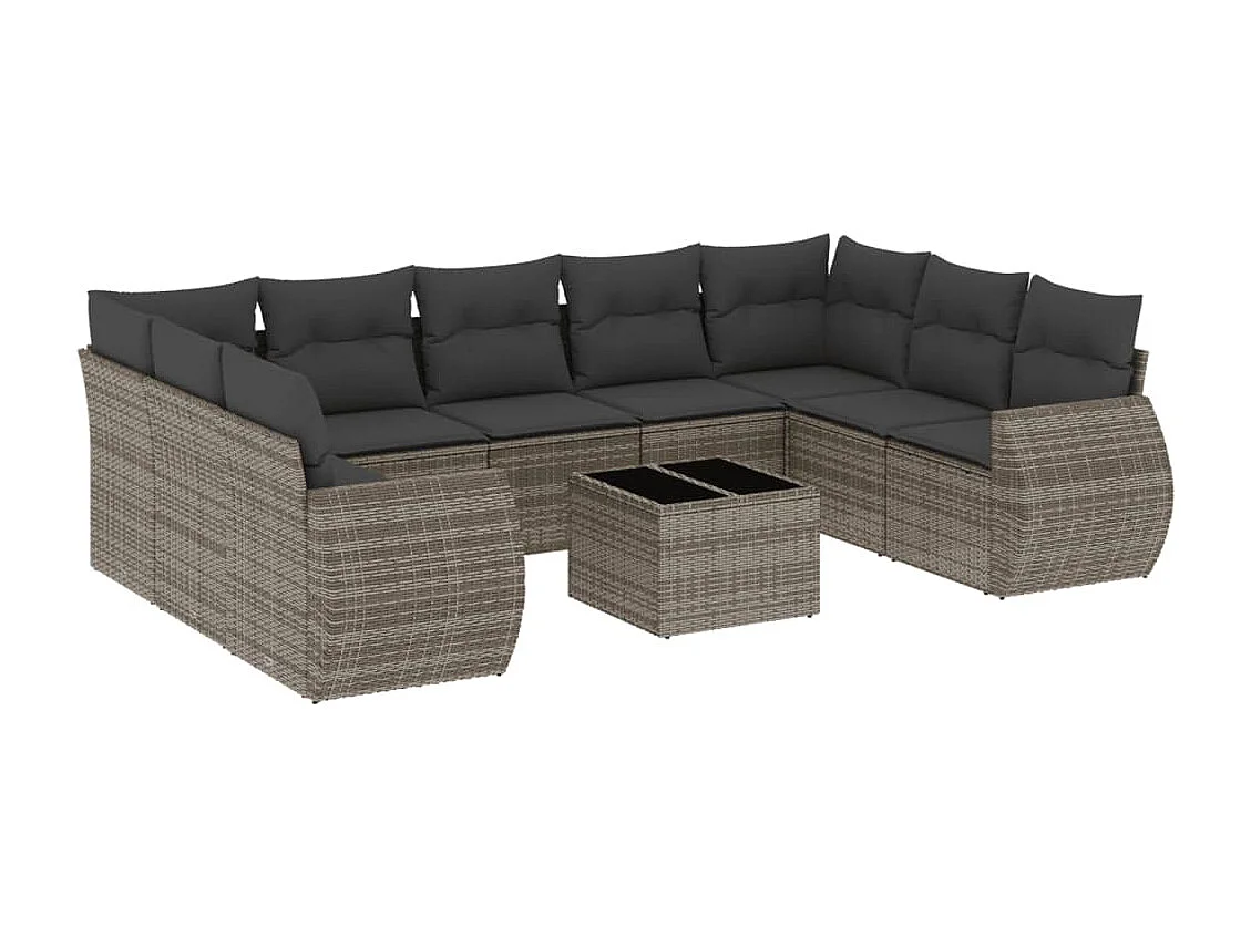 Salon de jardin avec coussins 10 pcs gris résine tressée