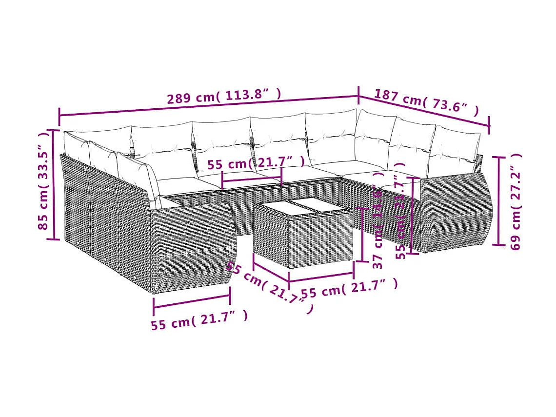 Muebles de jardín con cojines 10 piezas resina tejida gris.