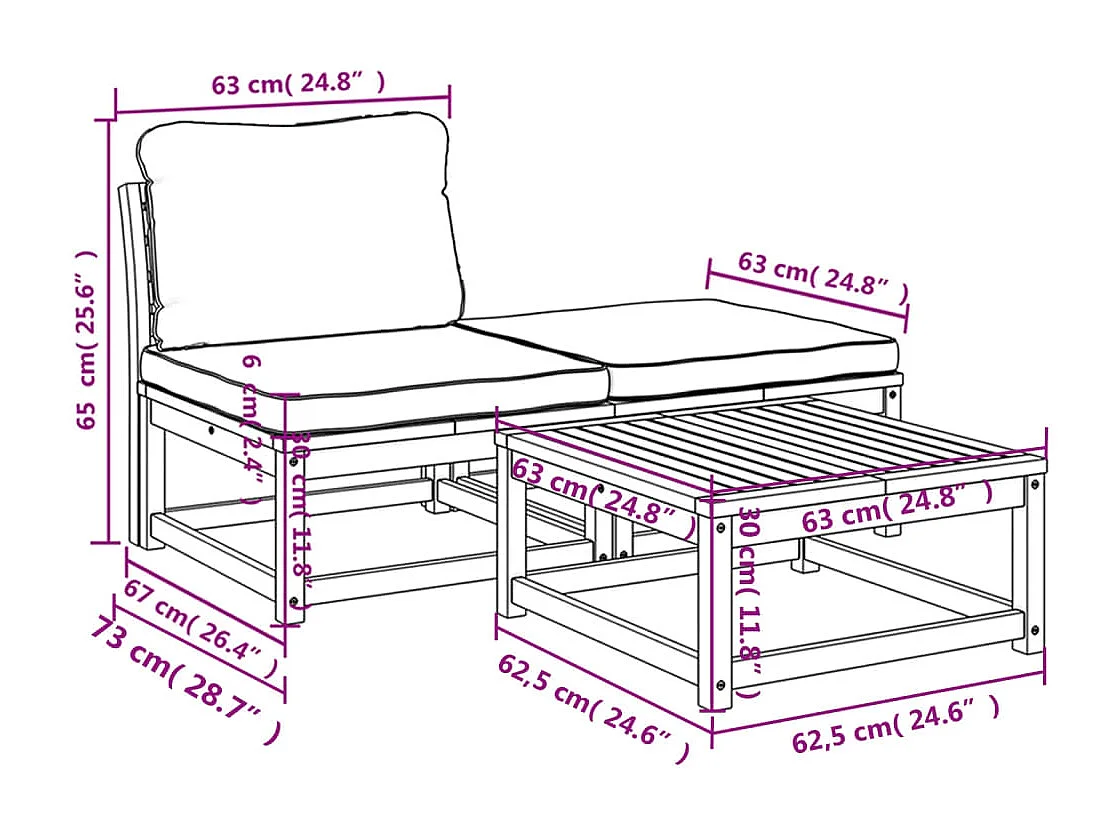 Salon de jardin 3 pcs avec coussins bois massif d'acacia