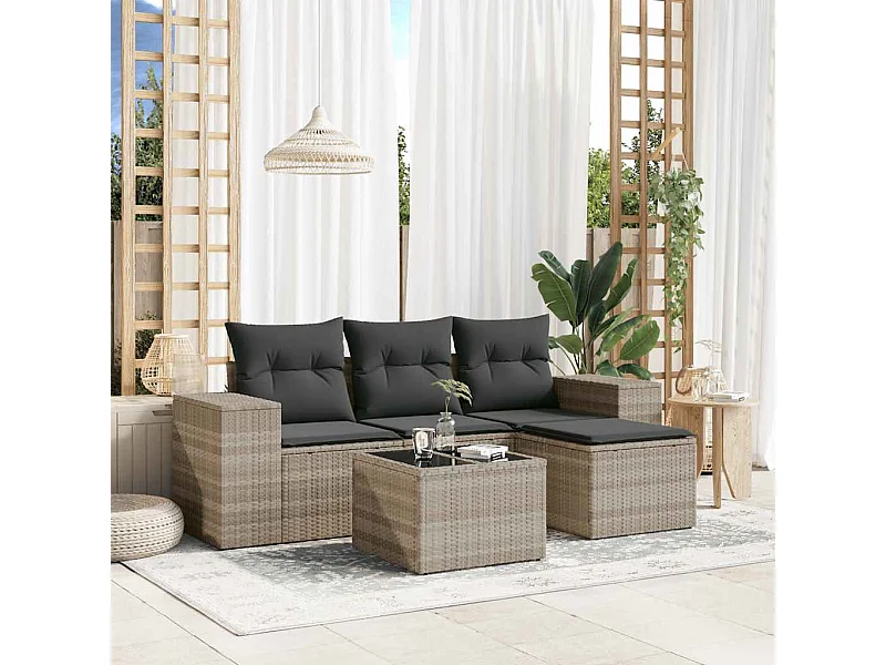 Mobili da giardino 5 pezzi con cuscini in resina intrecciata grigio chiaro