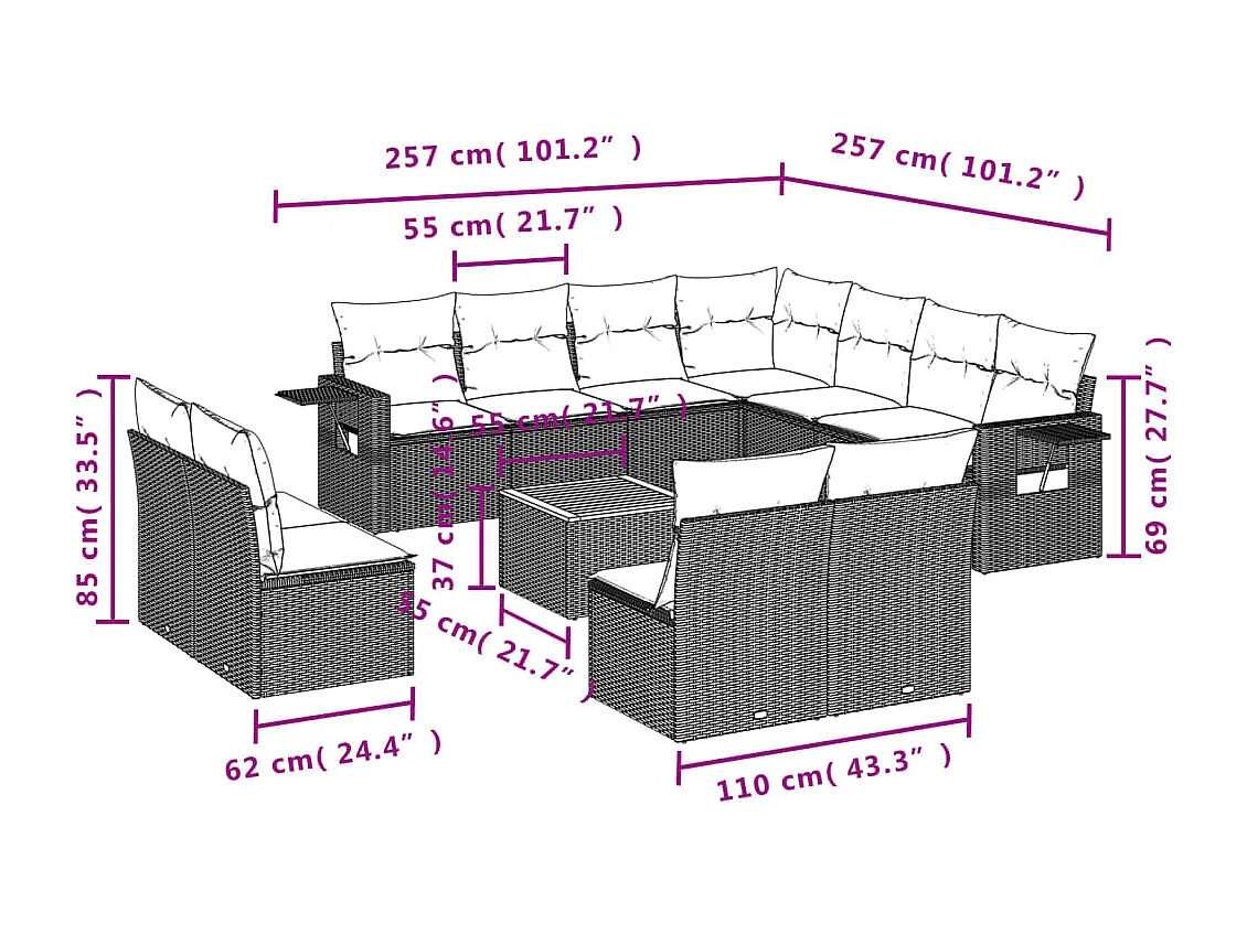 Mobili da giardino da 12 pezzi con cuscini in resina intrecciata nera
