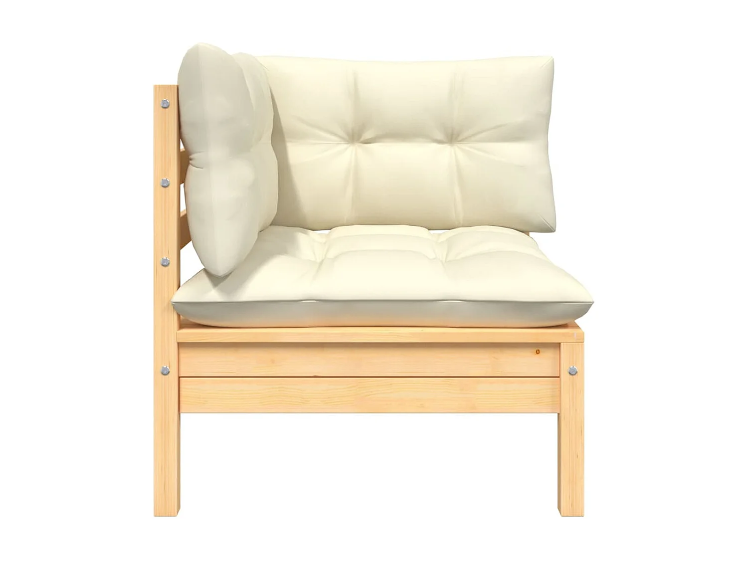 Divano ad angolo da giardino con cuscini color crema. Legno di pino massiccio