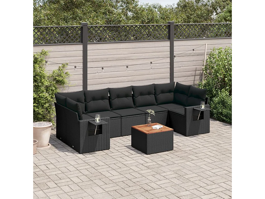 Salon de jardin 8 pcs avec coussins noir résine tressée