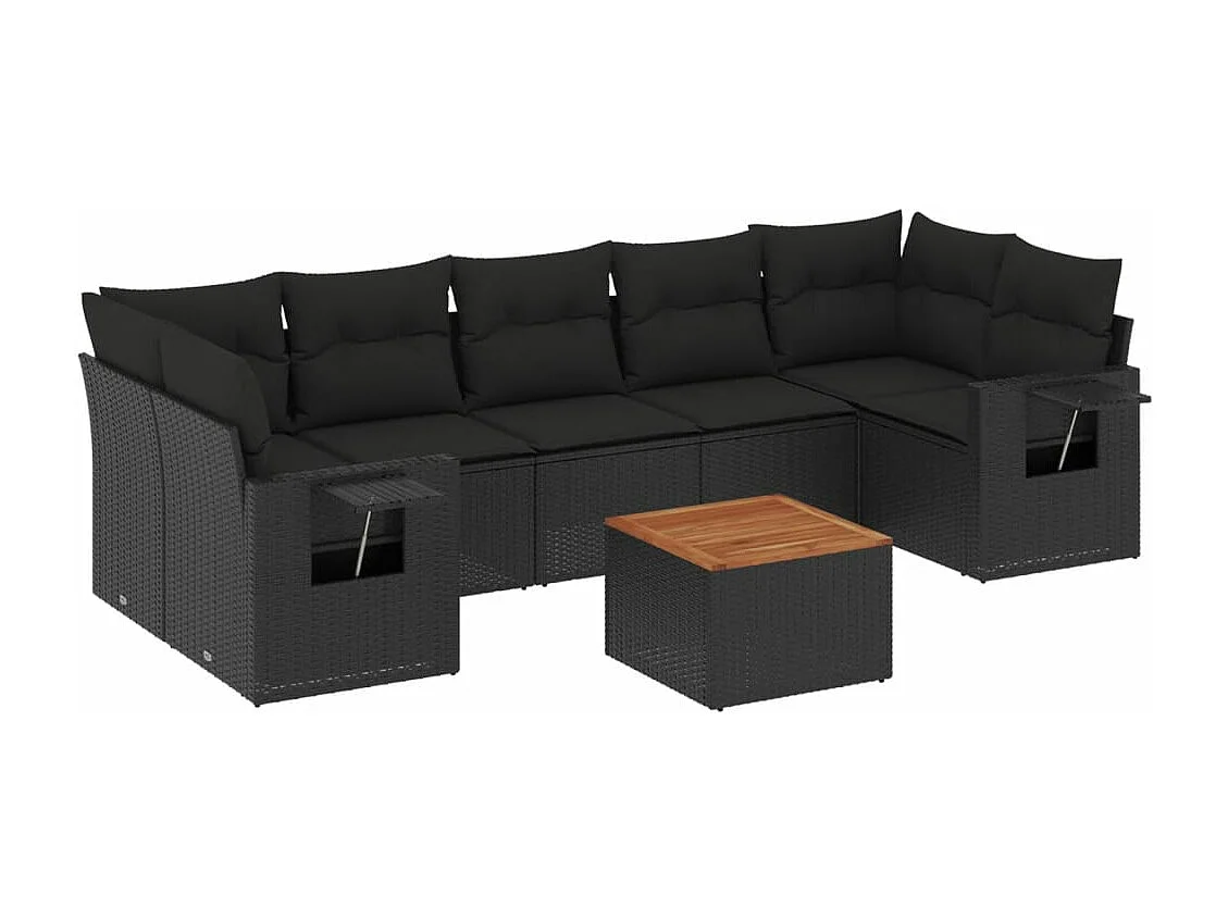 Salon de jardin 8 pcs avec coussins noir résine tressée