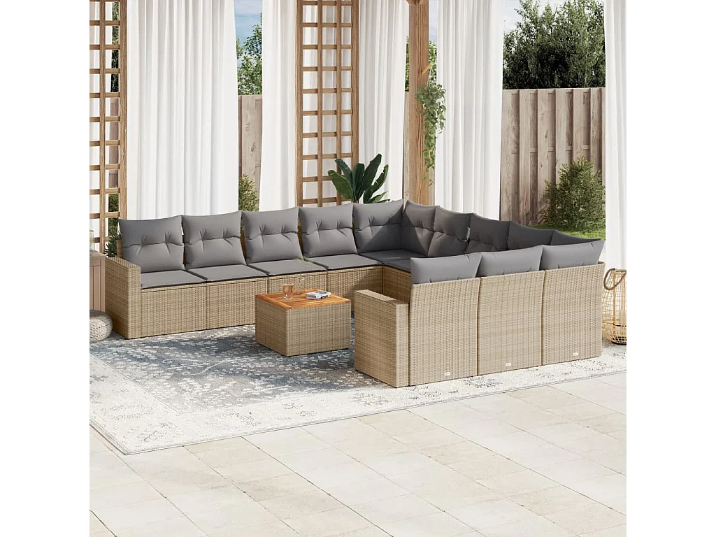 Salon de jardin avec coussins 12 pcs beige résine tressée