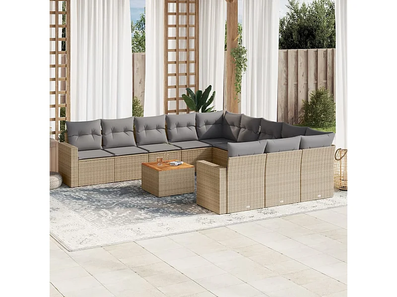Muebles de jardín con cojines 12 piezas resina tejida beige