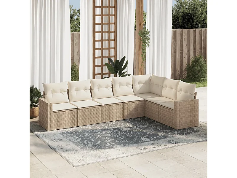 Salon de jardin avec coussins 7 pcs beige résine tressée