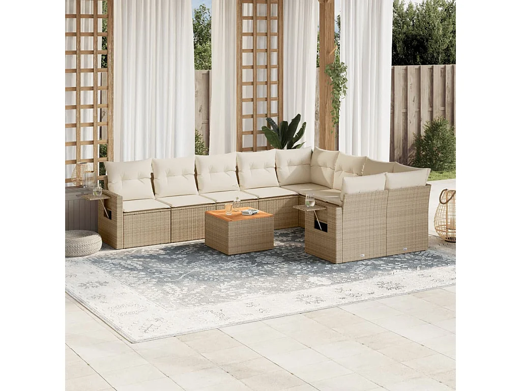 Mobile da giardino con cuscini 10 pz in resina intrecciata beige