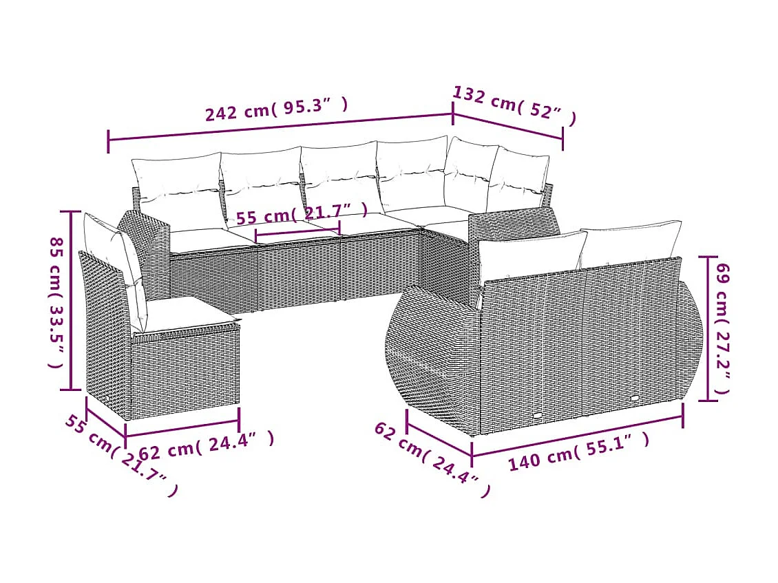 Muebles de jardín de 8 piezas con cojines de resina tejida en negro.