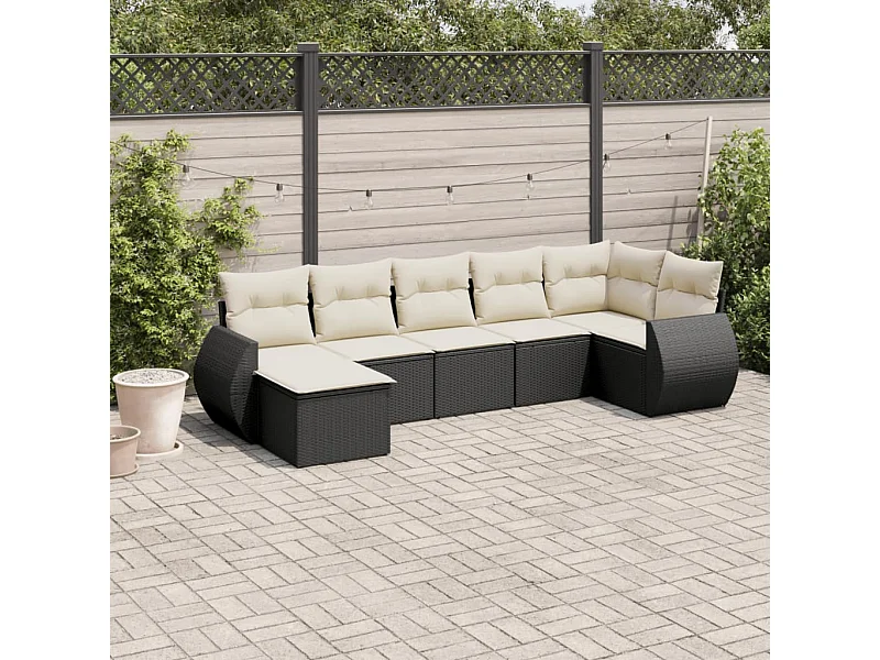 Salon de jardin 7 pcs avec coussins noir résine tressée