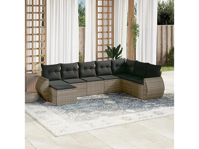 Salon de jardin 8 pcs avec coussins gris résine tressée