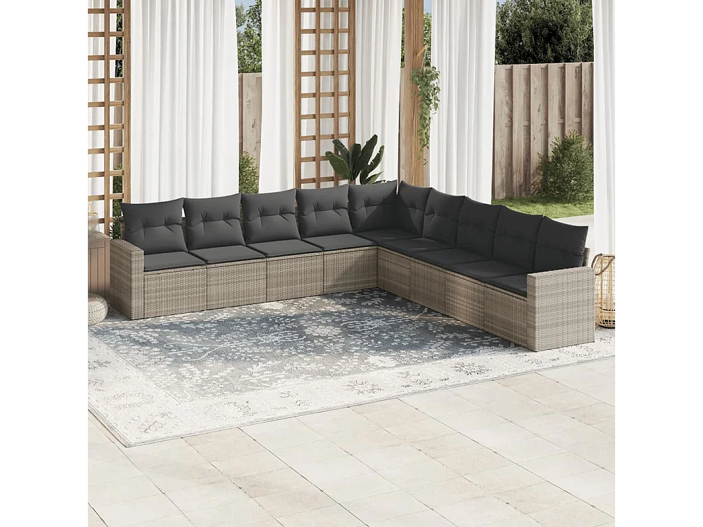Salon de jardin 9 pcs avec coussins gris clair résine tressée