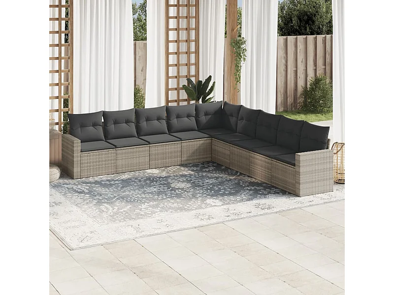 Mobili da giardino 9 pezzi con cuscini in resina intrecciata grigio chiaro