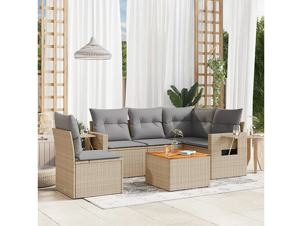 Mobile da giardino con cuscini 6 pz in resina intrecciata beige