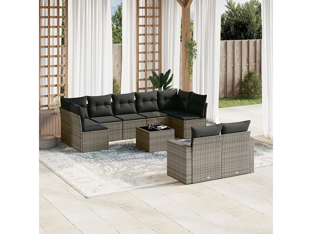 Tuinmeubelen met kussens 10 stuks grijs geweven hars