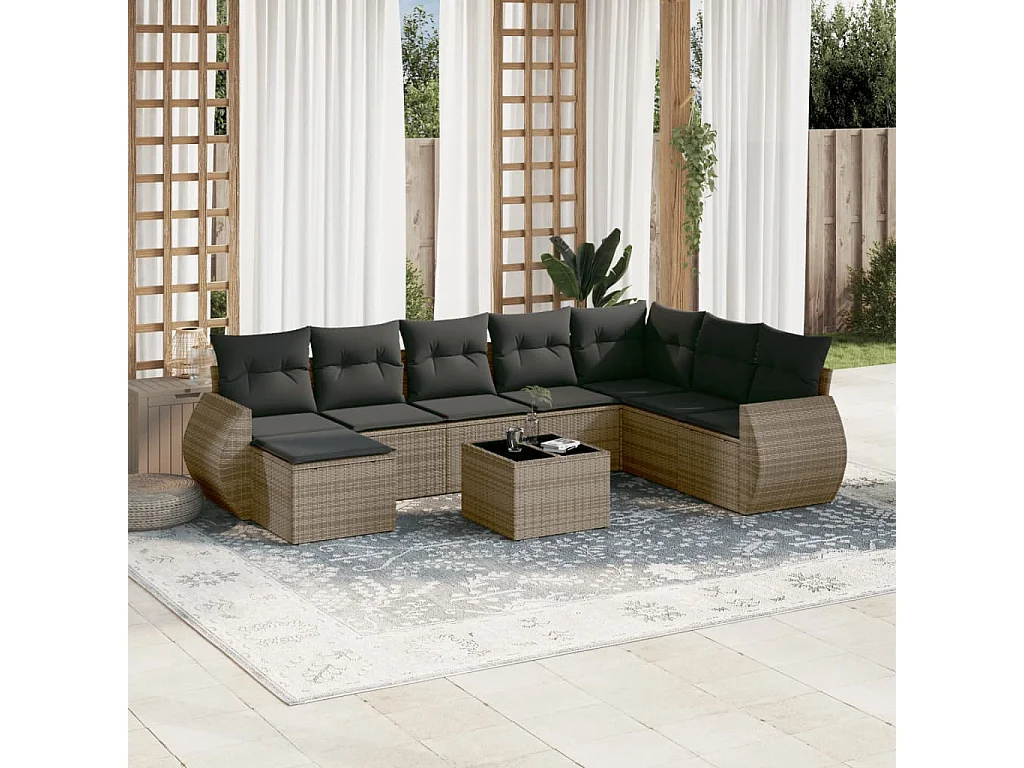 Salon de jardin 9 pcs avec coussins gris résine tressée