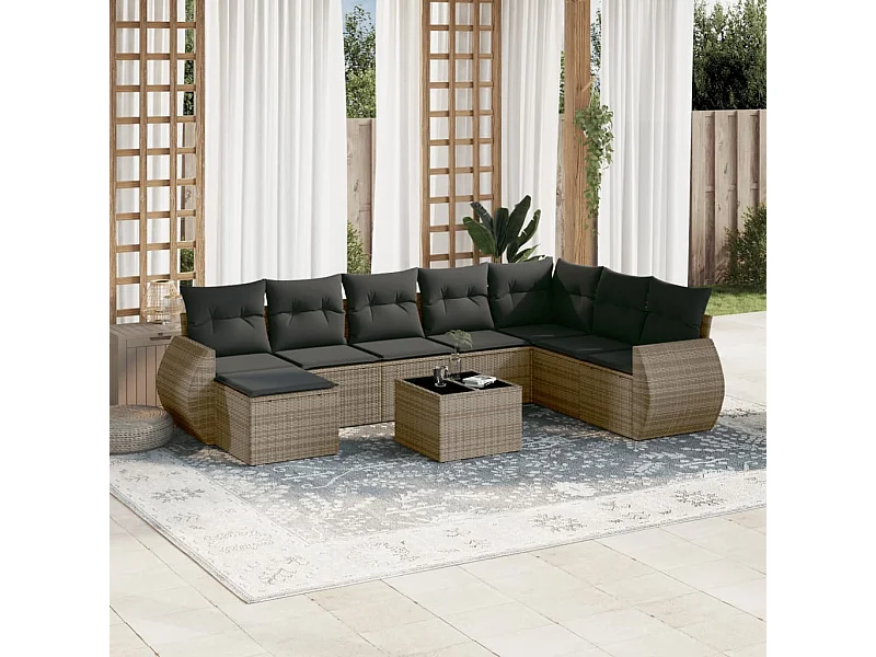 Salon de jardin 9 pcs avec coussins gris résine tressée