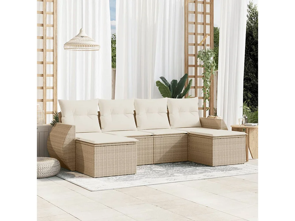 Mobile da giardino con cuscini 6 pz in resina intrecciata beige