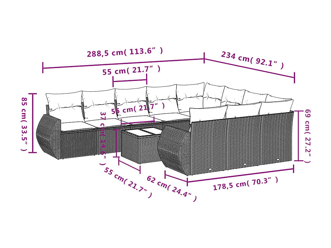 Salon de jardin 11 pcs avec coussins gris résine tressée