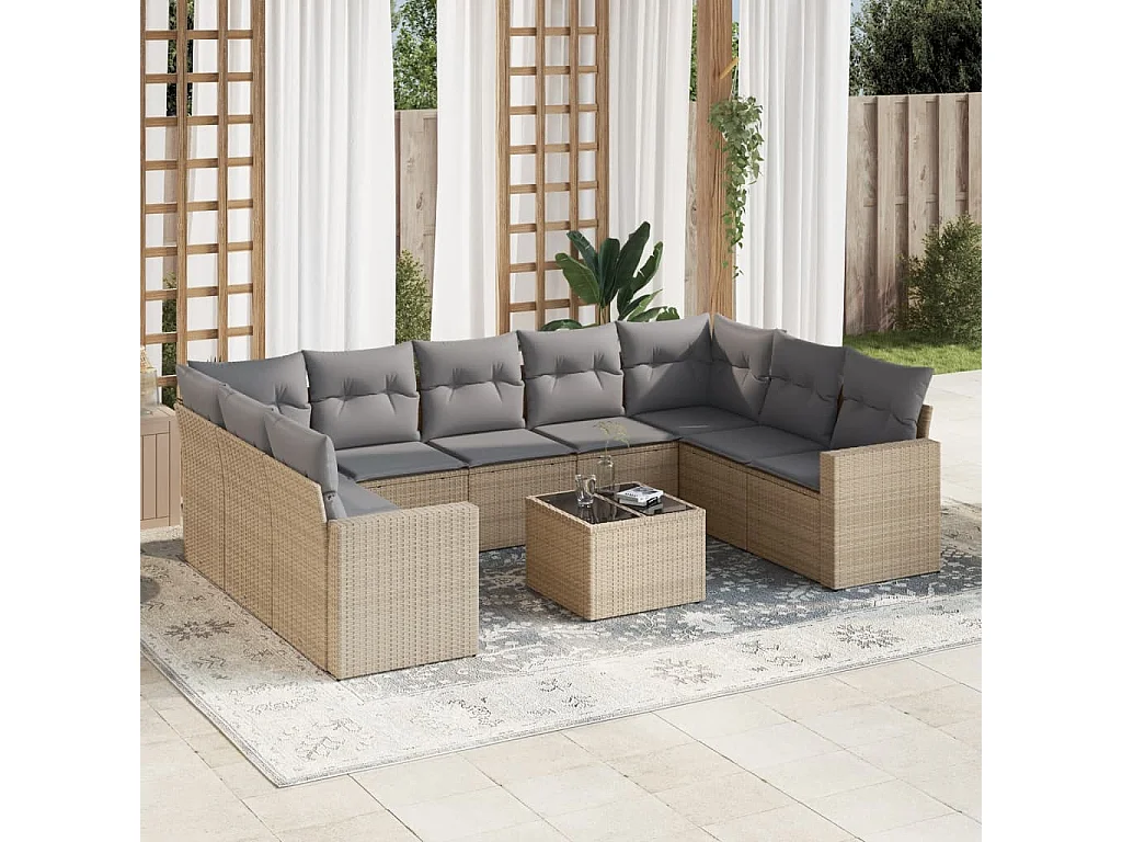 Salon de jardin avec coussins 10 pcs beige résine tressée