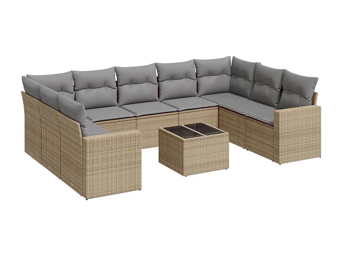 Salon de jardin avec coussins 10 pcs beige résine tressée