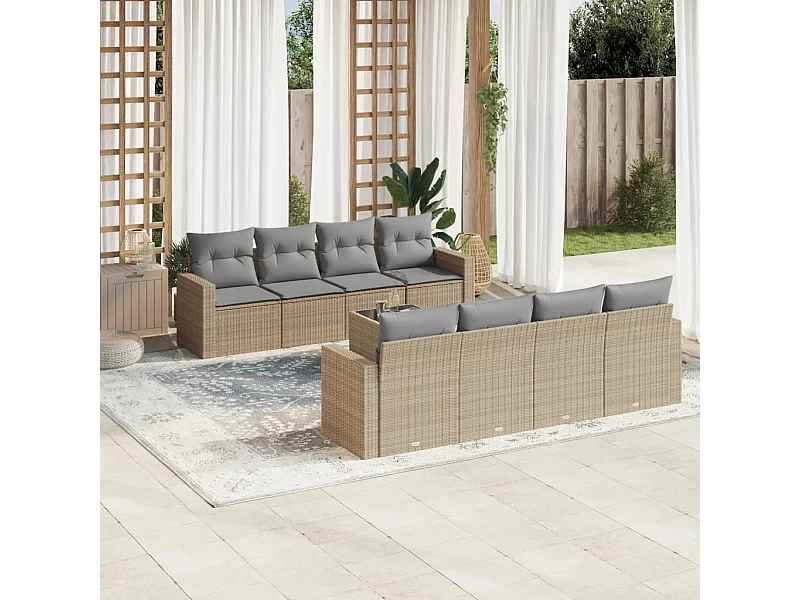 Mobile da giardino con cuscini 9 pz in resina intrecciata beige