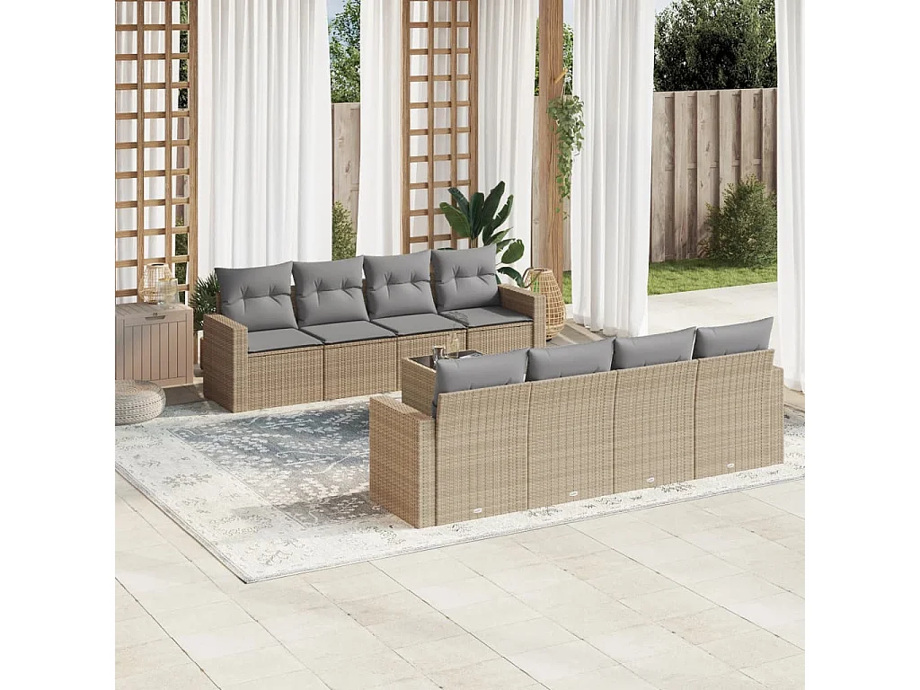 Salon de jardin avec coussins 9 pcs beige résine tressée