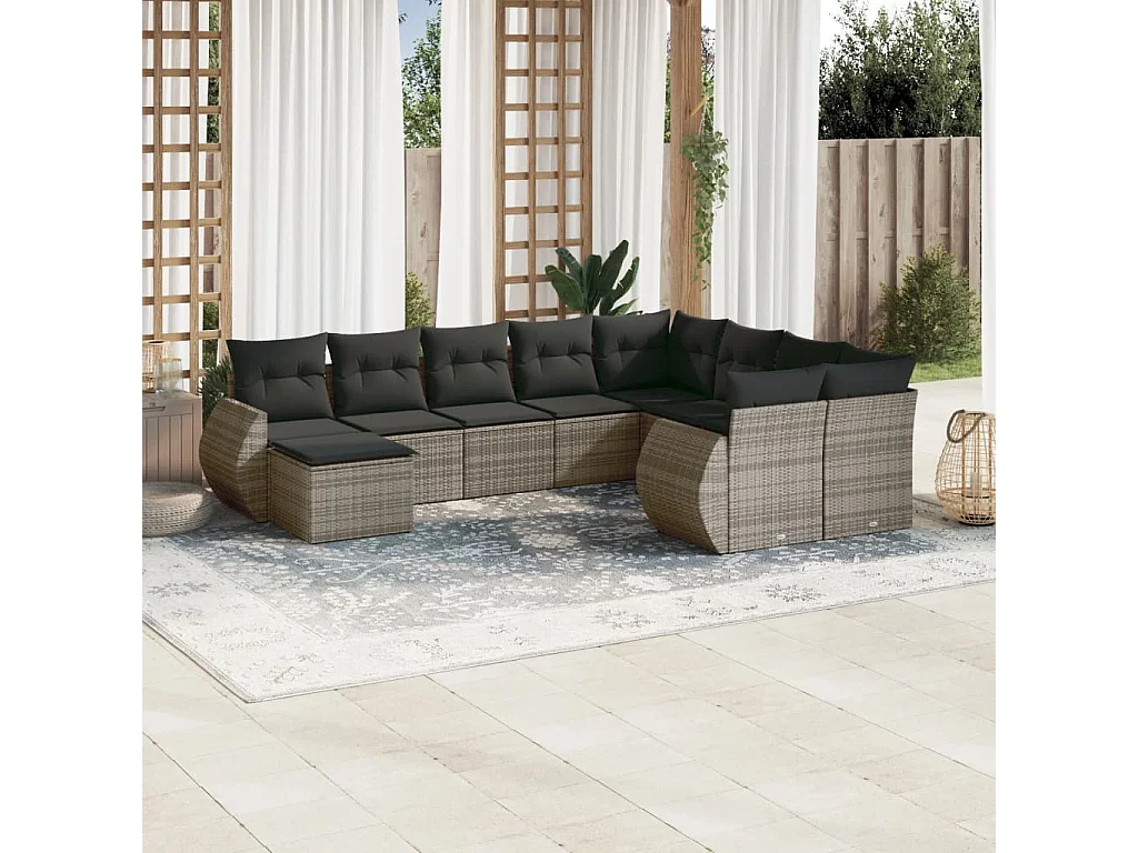 Salon de jardin avec coussins 10 pcs gris résine tressée