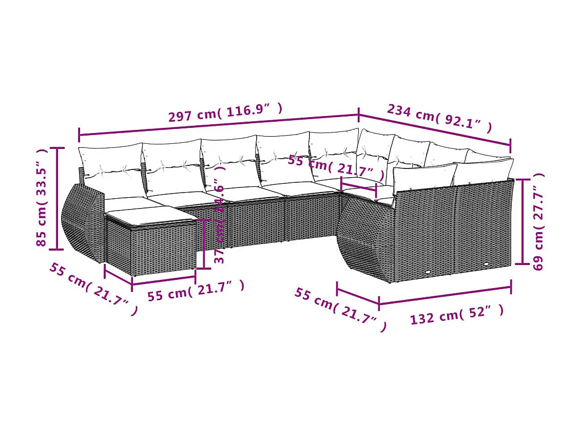 Muebles de jardín con cojines 10 piezas resina tejida gris.