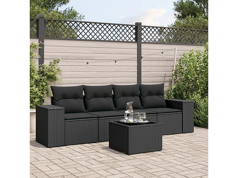 Salon de jardin 5 pcs avec coussins noir résine tressée