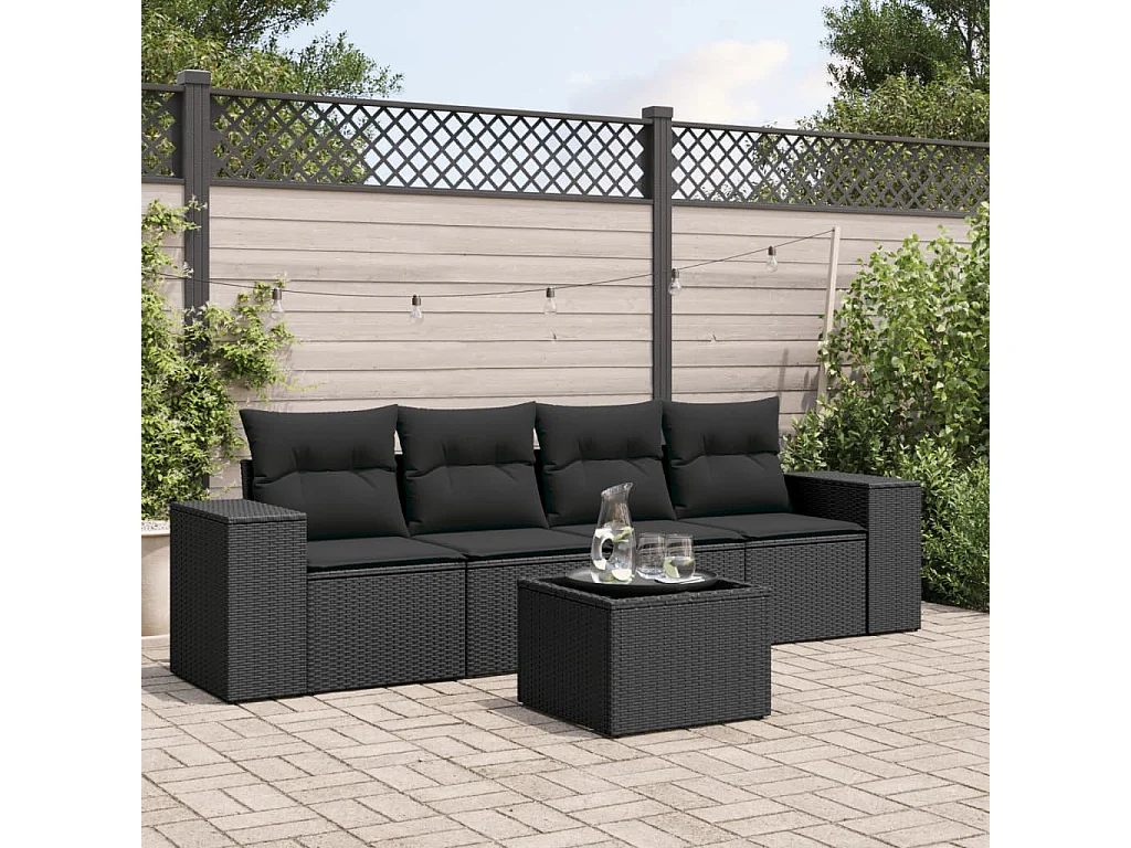 Salon de jardin 5 pcs avec coussins noir résine tressée