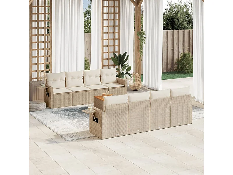 Mobile da giardino con cuscini 9 pz in resina intrecciata beige