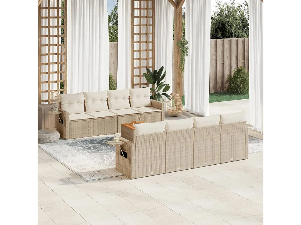 Mobile da giardino con cuscini 9 pz in resina intrecciata beige