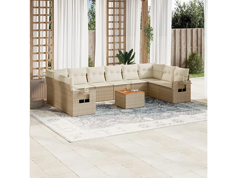 Salon de jardin 11 pcs avec coussins beige résine tressée