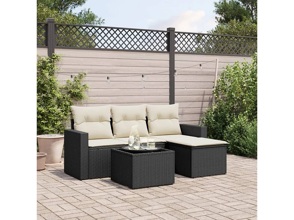 Salon de jardin 5 pcs avec coussins noir résine tressée