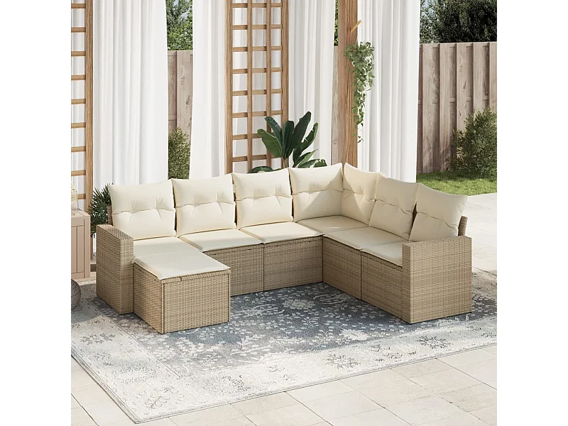Salon de jardin avec coussins 7 pcs beige résine tressée