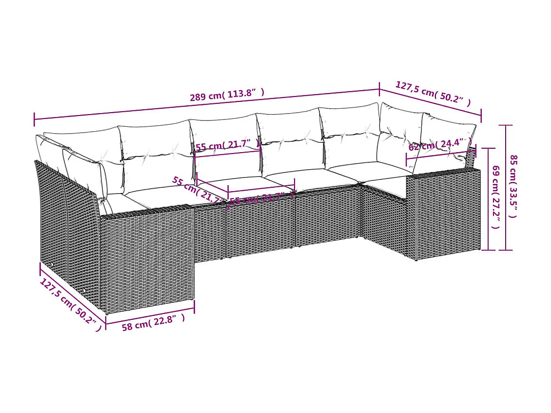 Mobile da giardino con cuscini 7 pezzi in resina intrecciata grigia