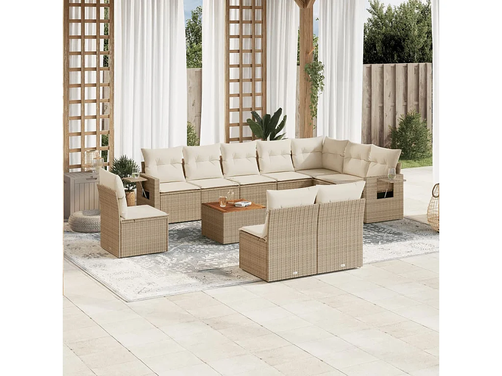 Salon de jardin 11 pcs avec coussins beige résine tressée