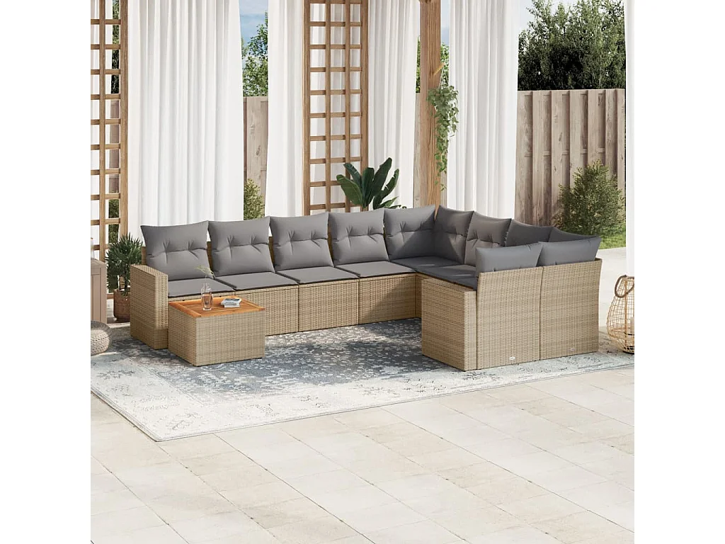 Mobile da giardino con cuscini 10 pz in resina intrecciata beige