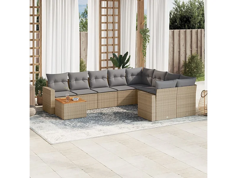 Muebles de jardín con cojines 10 piezas resina tejida beige
