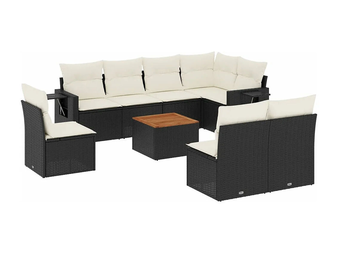 Salon de jardin 9 pcs avec coussins noir résine tressée