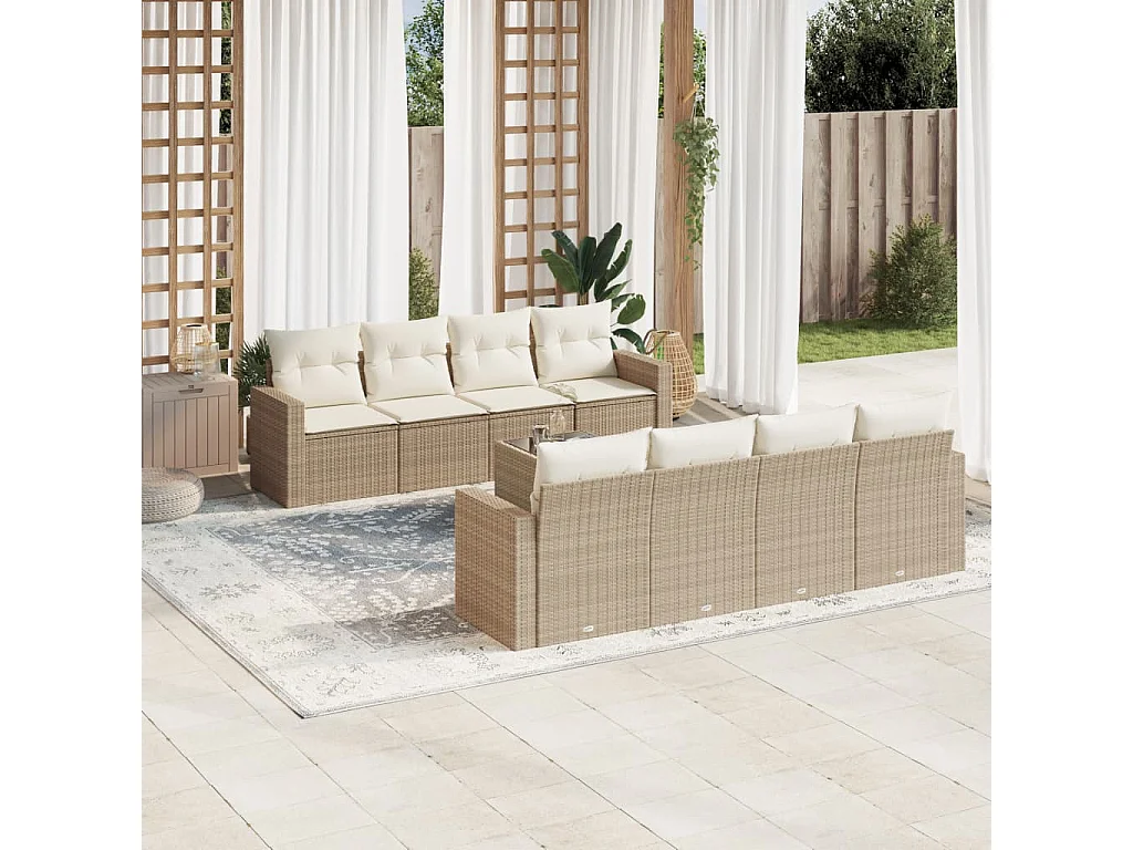 Mobile da giardino con cuscini 9 pz in resina intrecciata beige