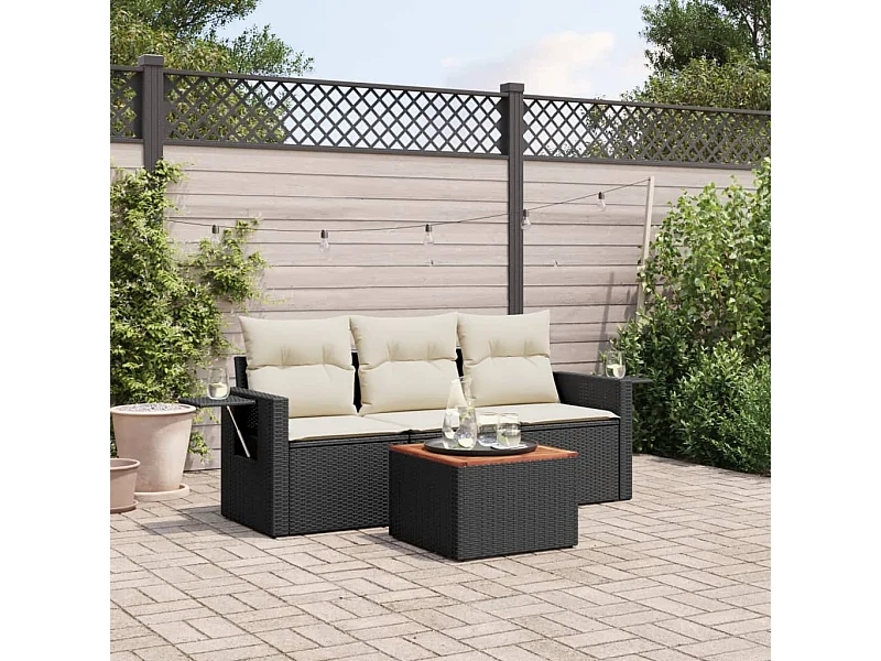 Salon de jardin 4 pcs avec coussins noir résine tressée