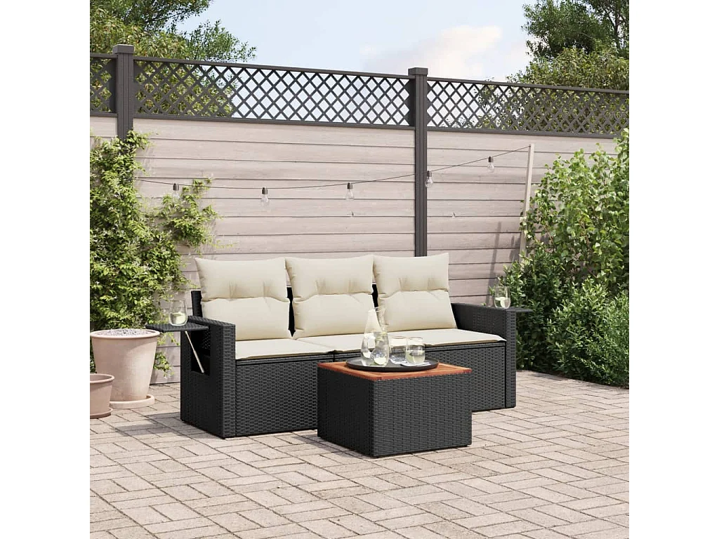 Salon de jardin 4 pcs avec coussins noir résine tressée