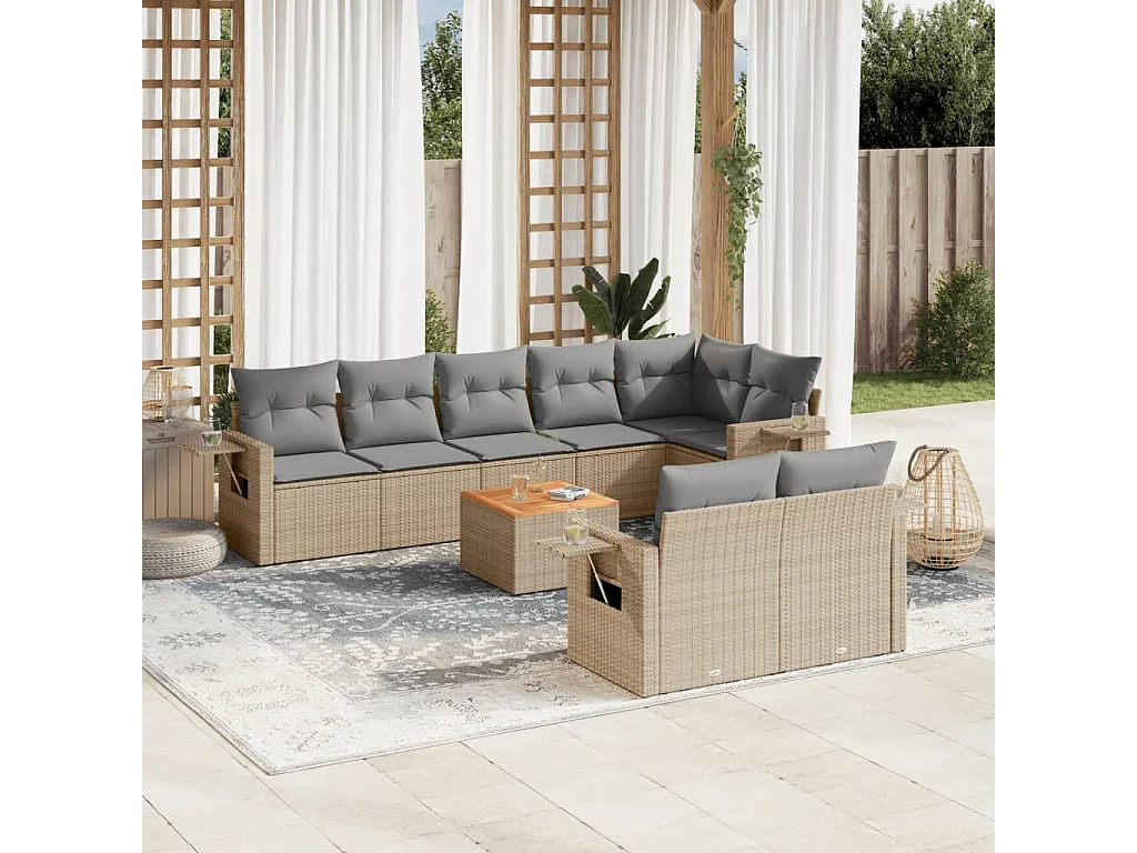 Mobile da giardino con cuscini 9 pz in resina intrecciata beige