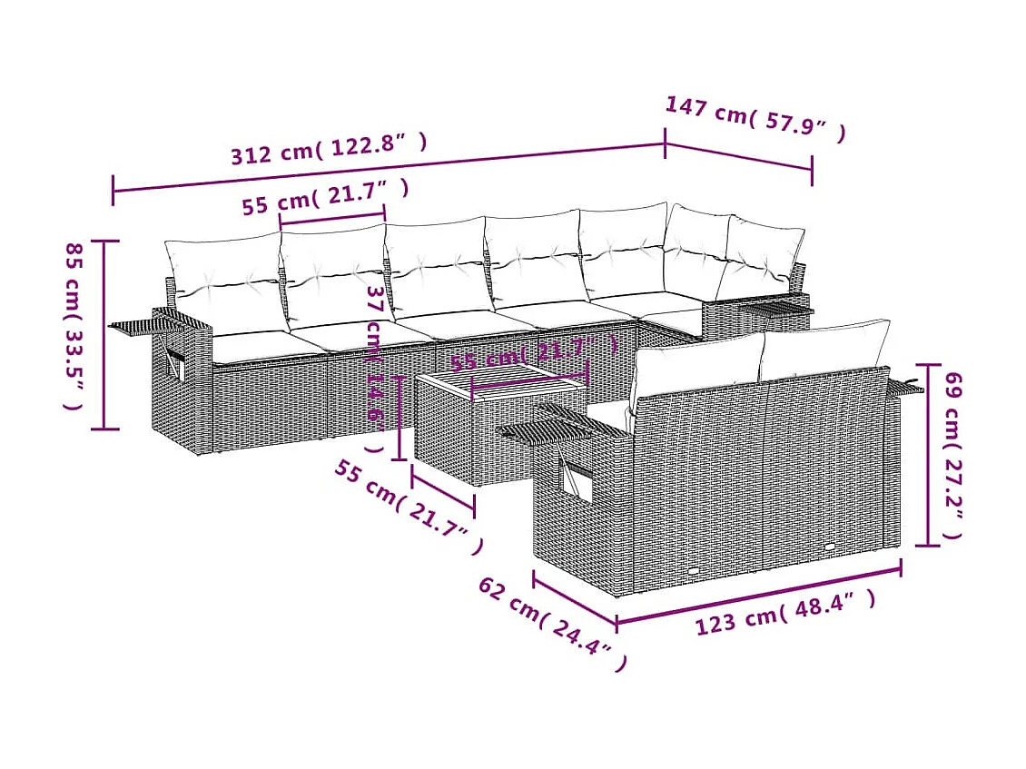 Mobile da giardino con cuscini 9 pz in resina intrecciata beige