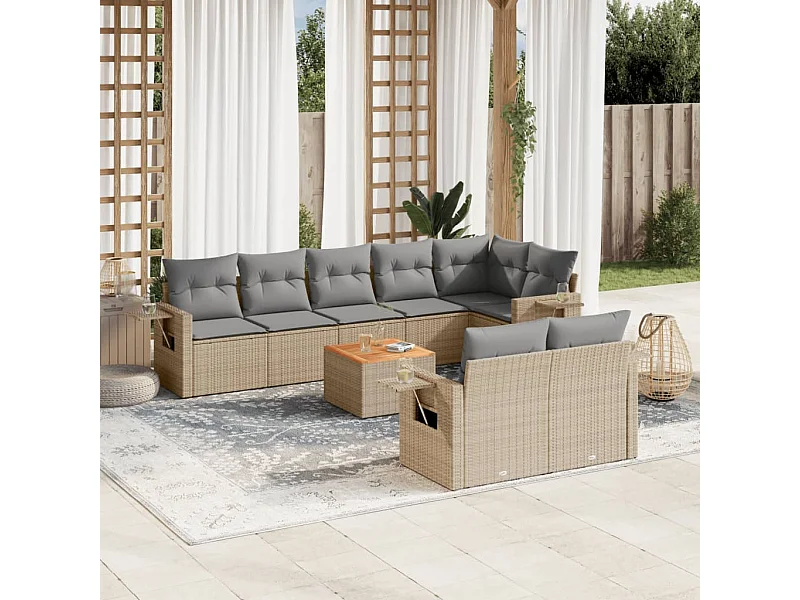 Muebles de jardín con cojines 9 piezas resina tejida beige