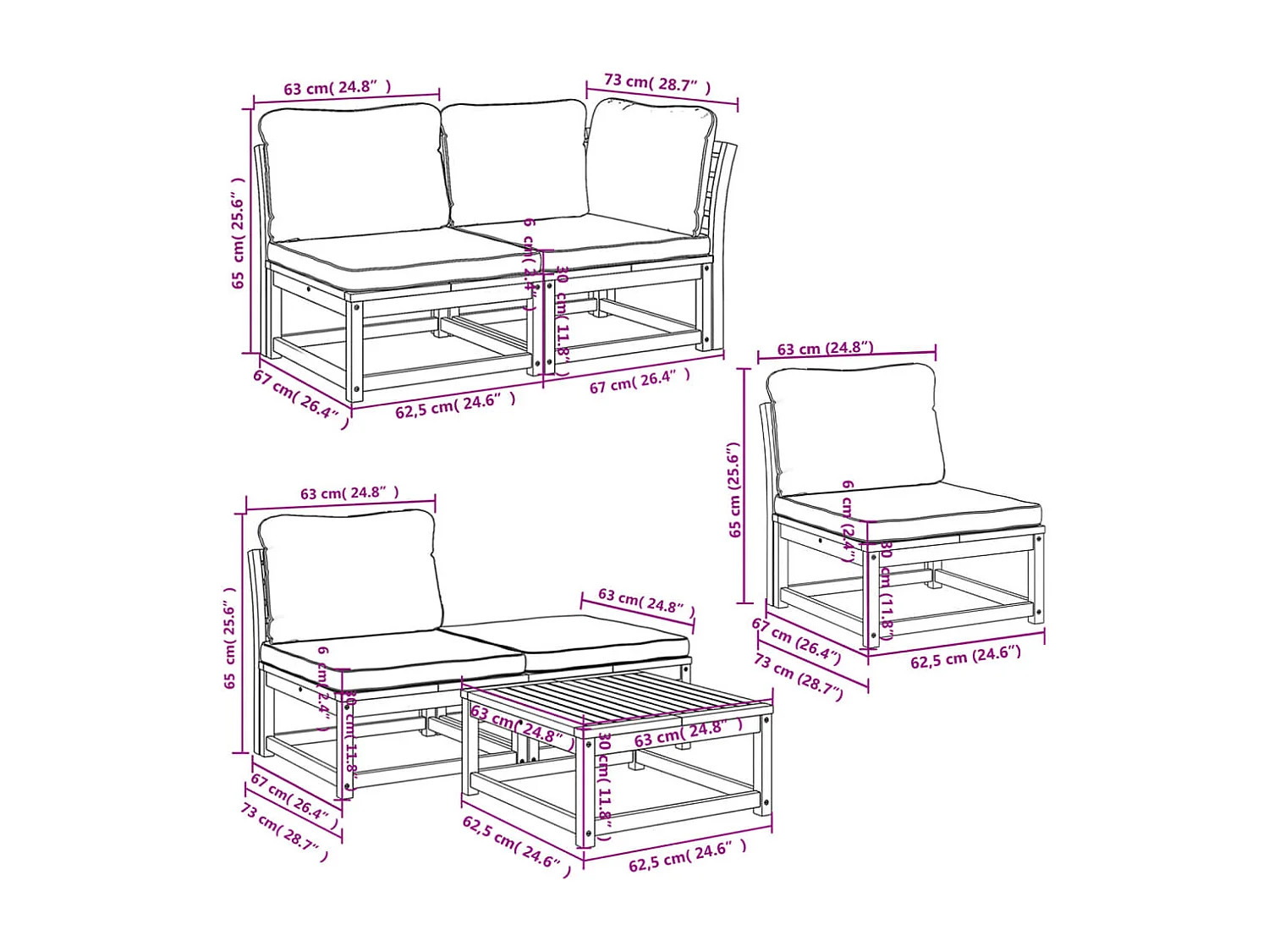 Salon de jardin 6 pcs avec coussins bois d'acacia solide